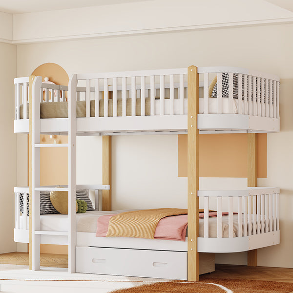 Wood Twin over Twin Bunk Bed with Fence Guardrail and a Big Drawer, White