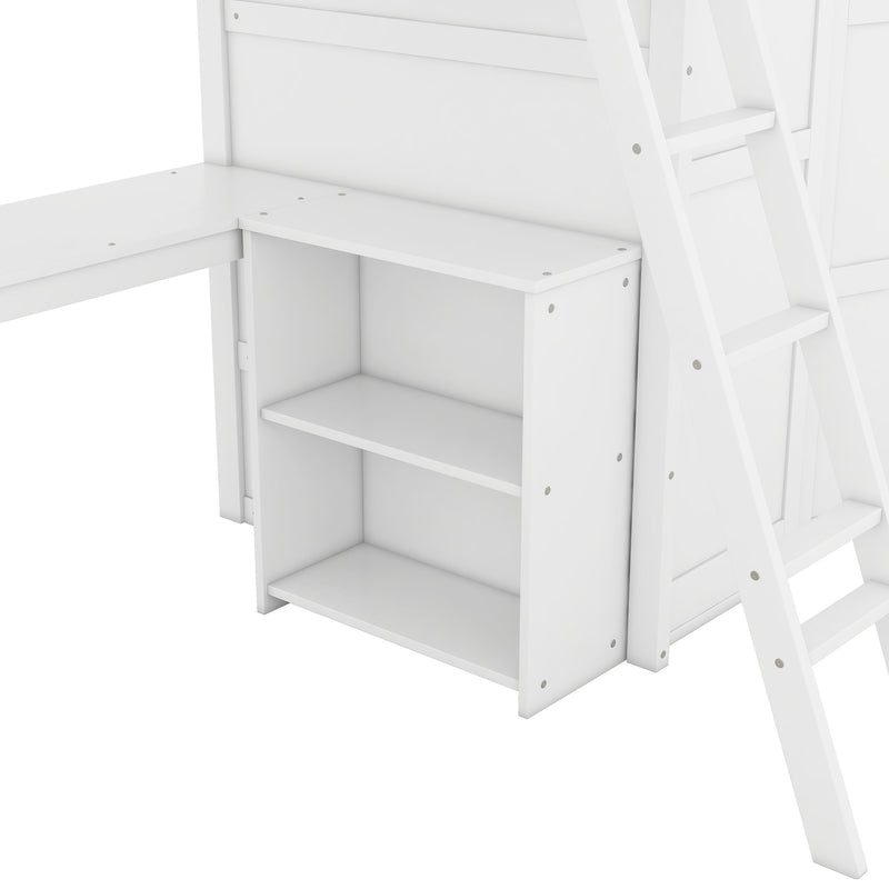 Twin size Loft Bed with Desk, Shelves and Wardrobe-White