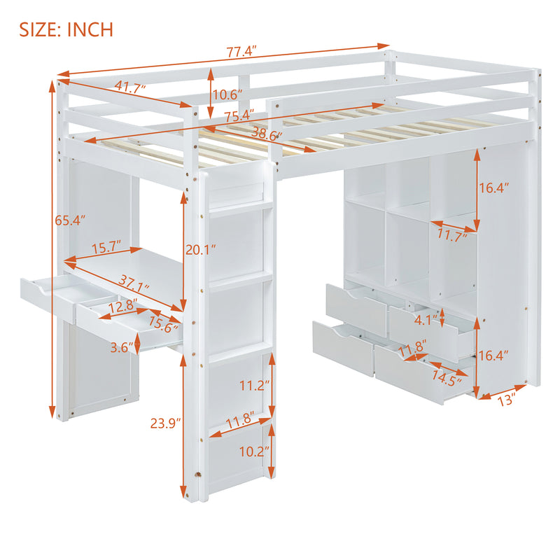 Twin Size Loft Bed with large shelves, writing desk and LED Light, White