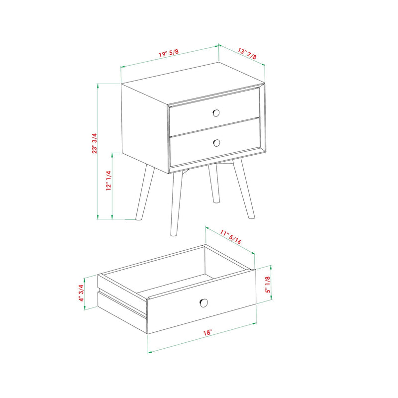 Mid-Century Modern Double Drawer Nightstand - Walnut