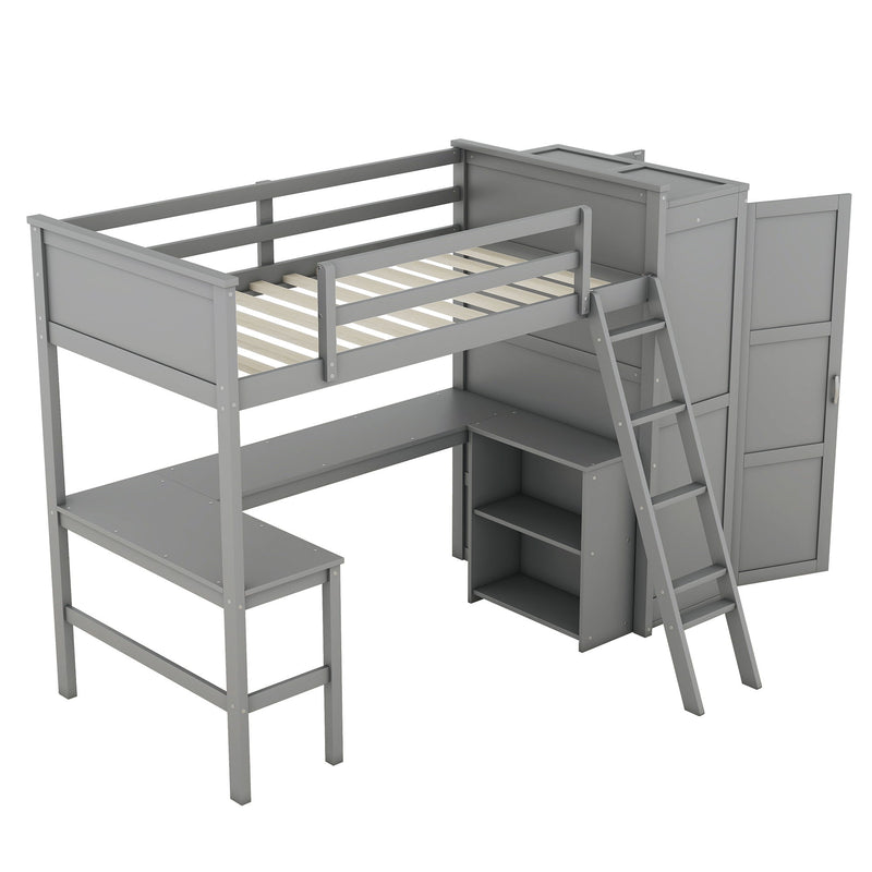 Twin Size Loft Bed With Desk, Shelves And Wardrobe - Gray