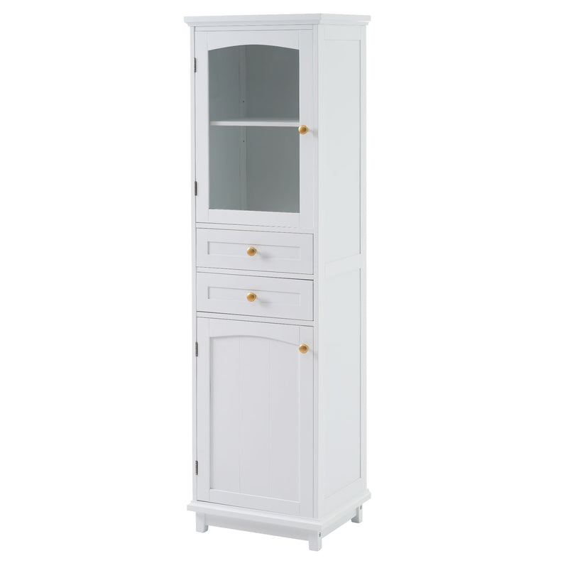 Tall Bathroom Storage Cabinet With Glass Doors, Free-Standing, Two Drawers, And Adjustable Shelves, MDF Board, Painted Perfect For Displaying Your Favorite Items