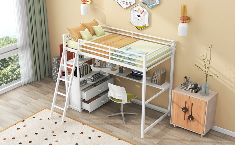 Twin Size Metal&Wood Loft Bed with Desk and Shelves, Two Built-in Drawers, White