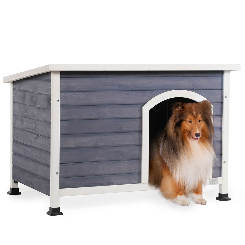 Medium Wooden Outdoor Dog House, Waterproof Roof, Elevated Floor - Gray