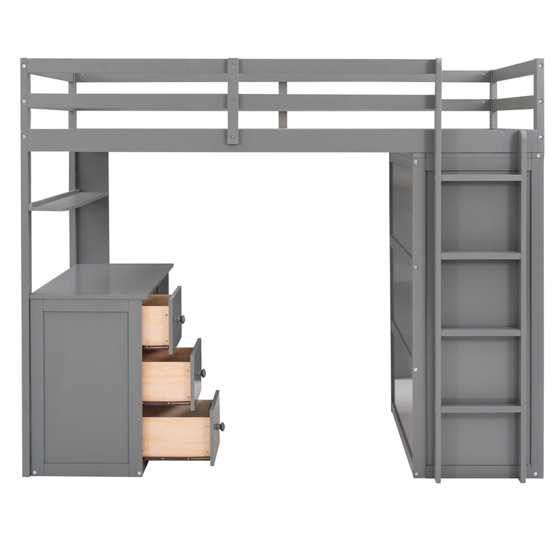 Twin size Loft Bed with Drawers,Desk,and Wardrobe-Gray