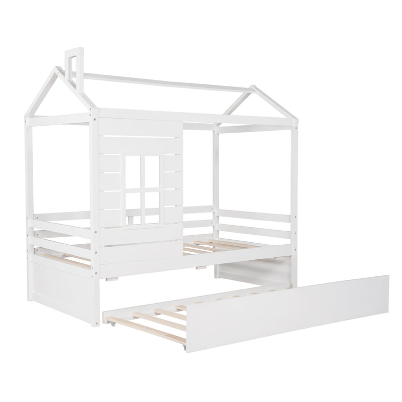 Twin Size House Bed Wood Bed with Twin Size Trundle ( White )