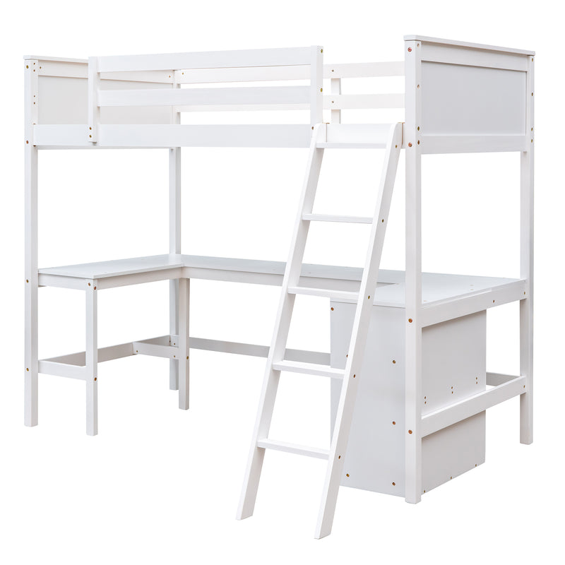 Twin size Loft Bed with Shelves and Desk, Wooden Loft Bed with Desk - White(OLD SKU:LT000537AAK)