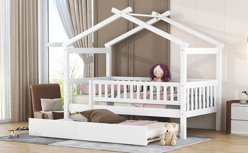 Twin Size Wooden House Bed with Twin Size Trundle, White