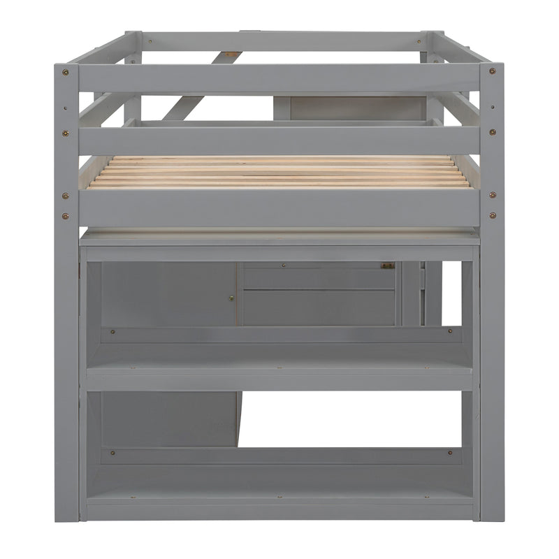 Twin Size Loft Bed with Retractable Writing Desk and 3 Drawers, Wooden Loft Bed with Storage Stairs and Shelves, Gray