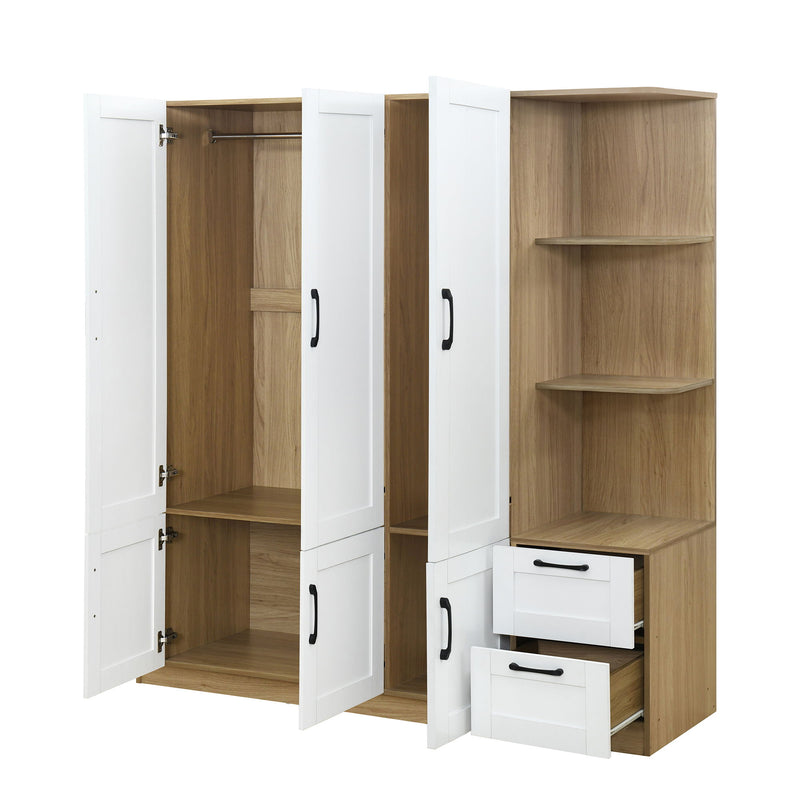 3 Door Storage Wardrobe For Dedroom With Shelves And 2 Drawers, Side Storage Shelves