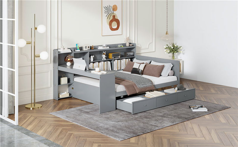 Wooden Daybed With 3 Drawers, USB Ports And Desk