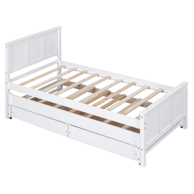 Twin Size Platform Bed with Trundle and Drawers, White