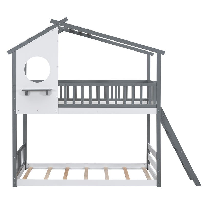 Twin Over Twin Bunk Bed Wood Bed with Roof, Window, Ladder,Gray(OLD SKU :LT100008AAE)