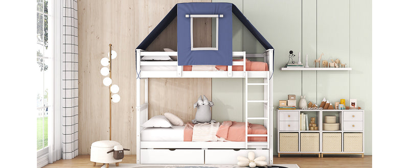 Twin Over Twin Bunk Bed Wood Bed with Tent and Drawers, White+Blue Tent