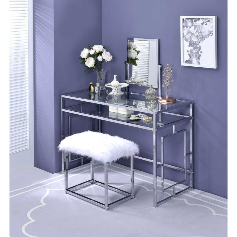 Carenze II - Vanity Desk - White Faux Fur & Chrome - Atlantic Fine Furniture Inc