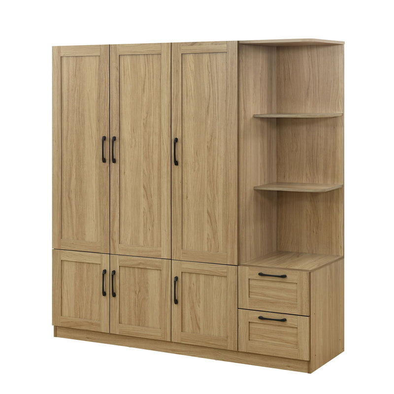 3 Door Storage Wardrobe For Dedroom With Shelves And 2 Drawers, Side Storage Shelves