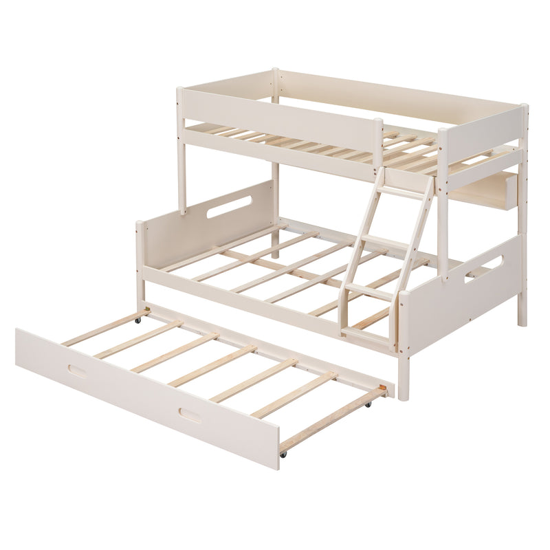 Wood Twin over Full Bunk Bed with Storage Shelves and Twin Size Trundle, Cream