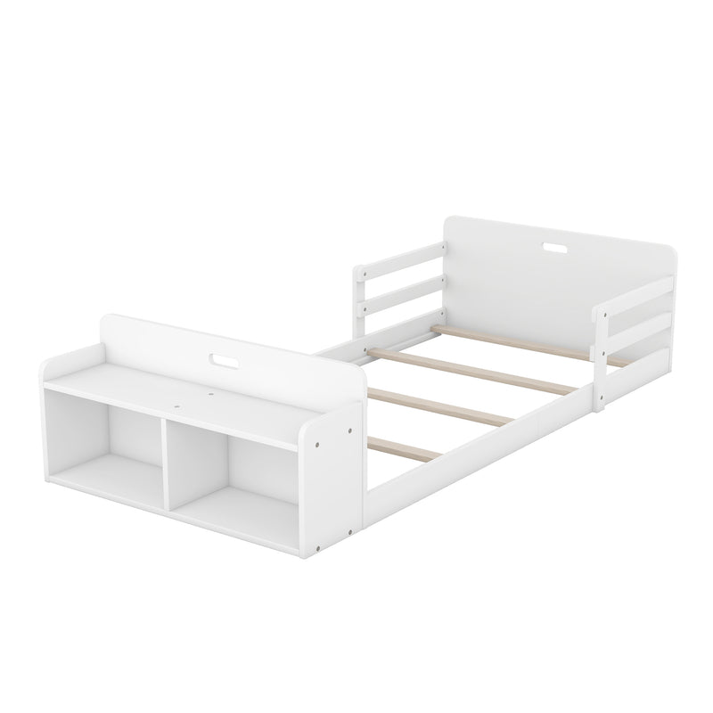 Twin Size Floor Bed with Storage Footboard and Guardrail, White