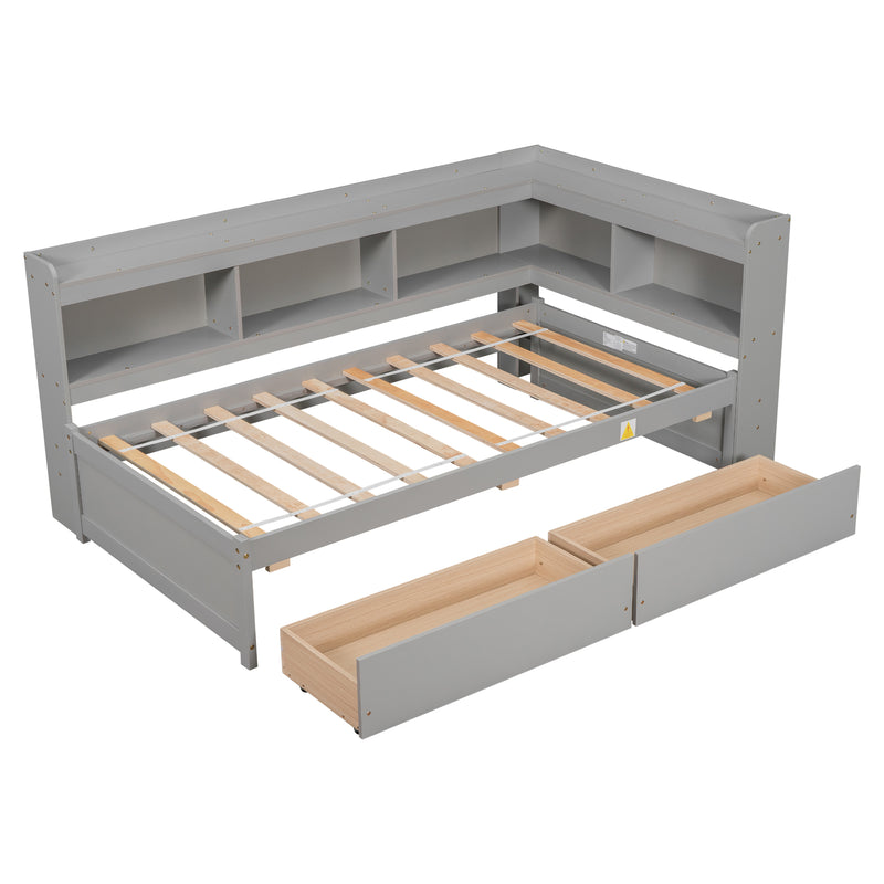 Twin Bed with L-shaped Bookcases,Drawers,Grey