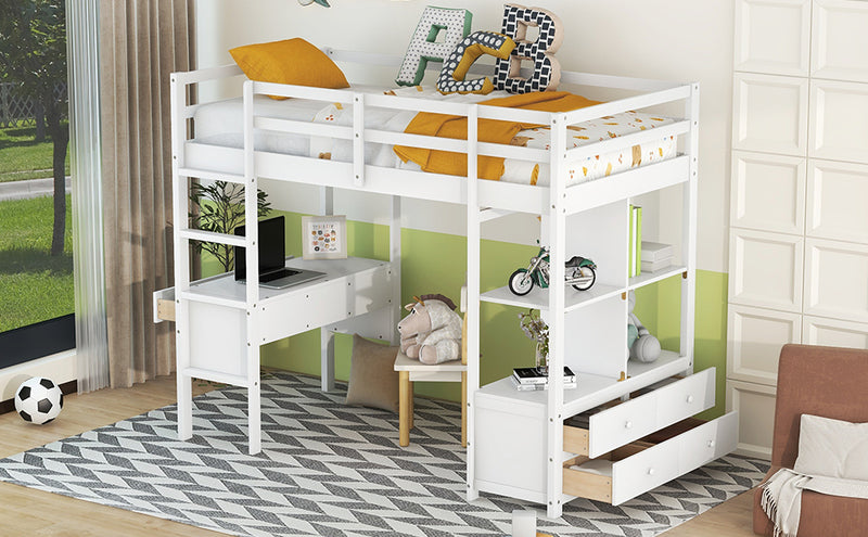 Twin  Size Loft Bed with Built-in Desk with Two Drawers, and Storage Shelves and Drawers,White