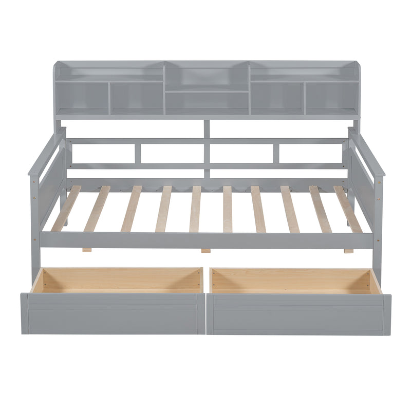 Twin size Daybed, Wood Slat Support, with Bedside Shelves and Two Drawers, Gray