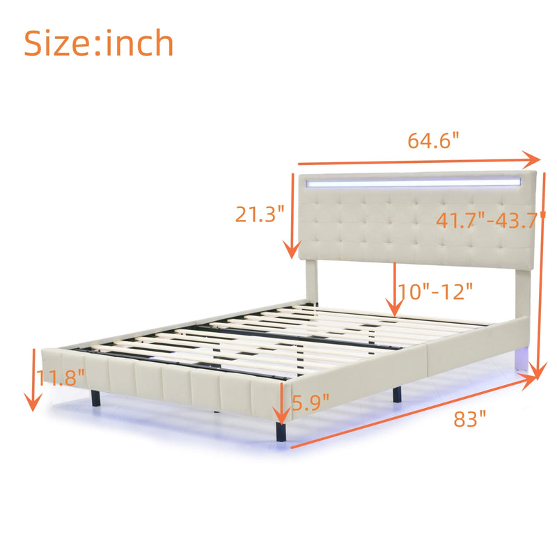 Queen Size Floating Bed Frame with LED Lights and USB Charging,Modern Upholstered Platform LED Bed Frame,Beige