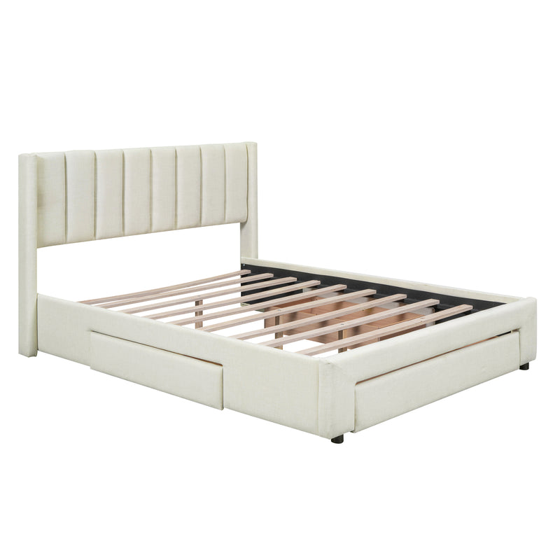 Queen Size Upholstered Platform Bed with One Large Drawer in the Footboard and Drawer on Each Side,Beige