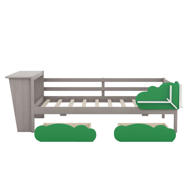 Twin Size Daybed with Desk, Green Leaf Shape Drawers and Shelves, Gray