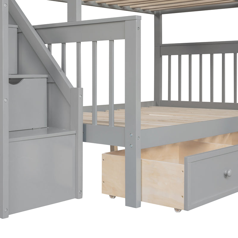 Twin over Full L-Shaped Bunk Bed With 3 Drawers, Ladder and Staircase - Gray