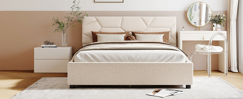 Queen Size Upholstered Platform Bed with Brick Pattern Headboard and 4 Drawers, Linen Fabric, Beige