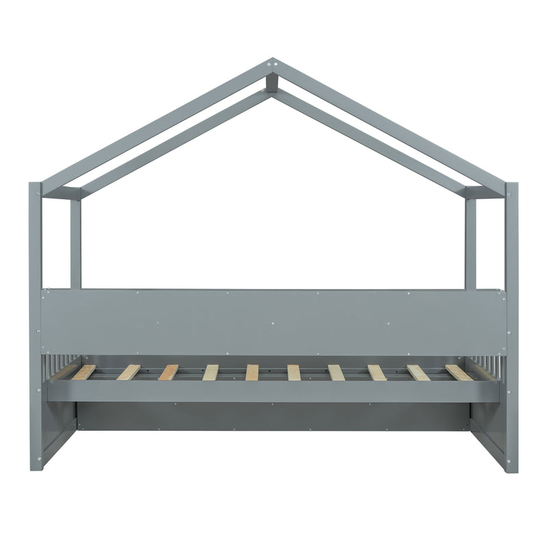 Twin Size Wooden House Bed with Shelves and a Mini-cabinet, Gray