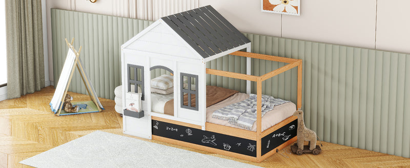 Twin Size House Shaped Canopy Bed with Black Roof and White Window,Blackboard and Little Shelf, White(Old SKU: WF294051AAK)