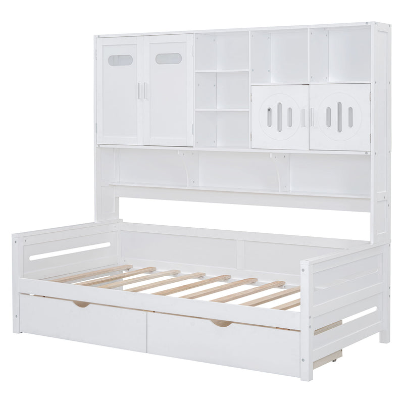 Wooden Daybed With 2 Drawers, And All-In-One Cabinet And Shelf