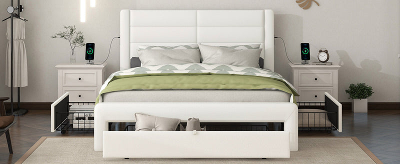 Queen Size Bed Frame with Drawers Storage, Leather Upholstered Platform Bed with Charging Station, White (Expect arrive date Jan. 12th. 2024)