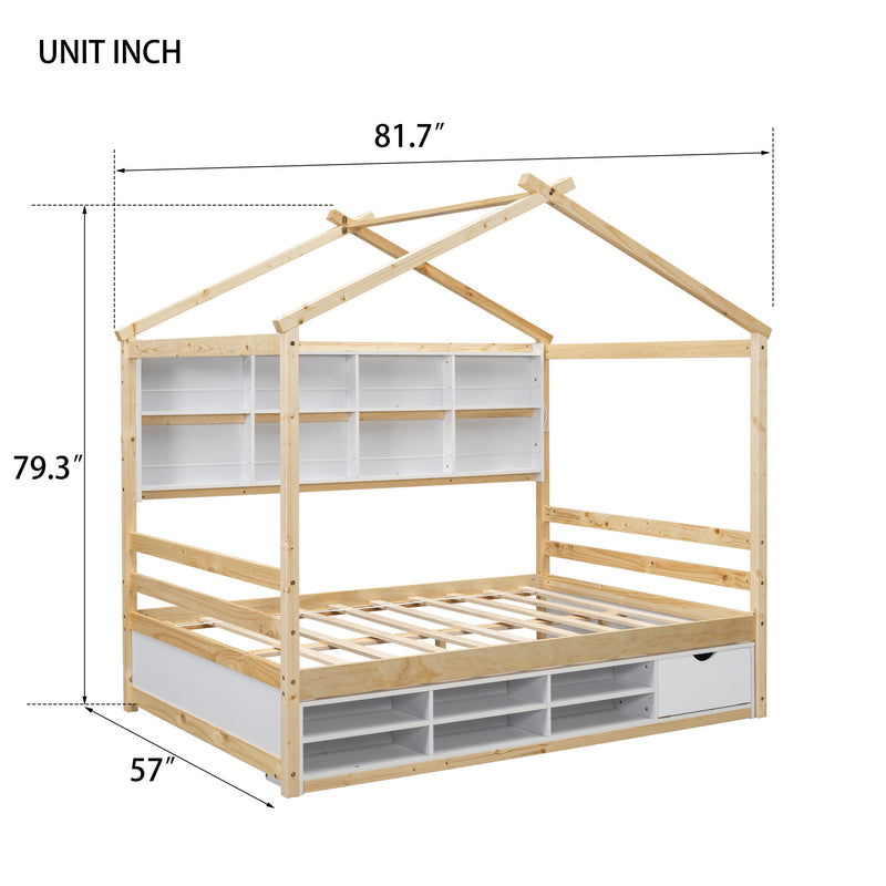 House Bed With Roof Frame, Bedside-Shelves, Under Bed Storage Unit