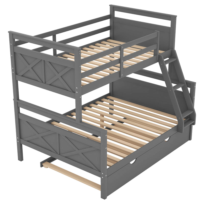 Twin over Full Bunk Bed with Ladder, Twin Size Trundle, Safety Guardrail, Gray