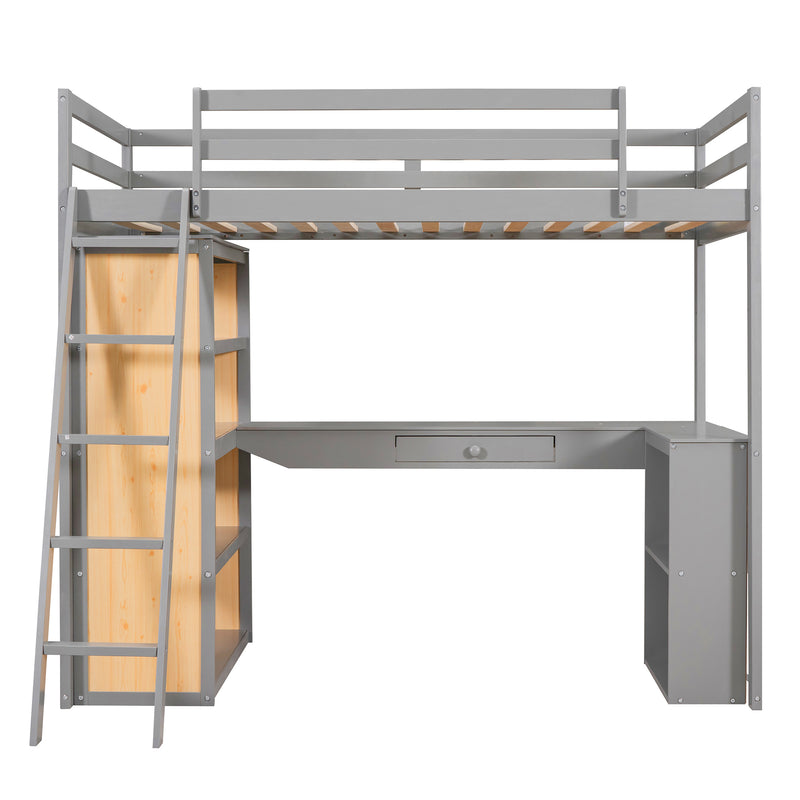 Twin Size Loft Bed with Ladder, Shelves, and Desk, Gray(LT000225AAE)