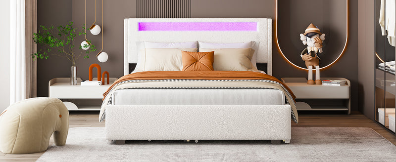 Queen Size Upholstered Platform Bed with LED Frame, with Twin  XL Size Trundle and 2 drawers, Teddy Fleece, White