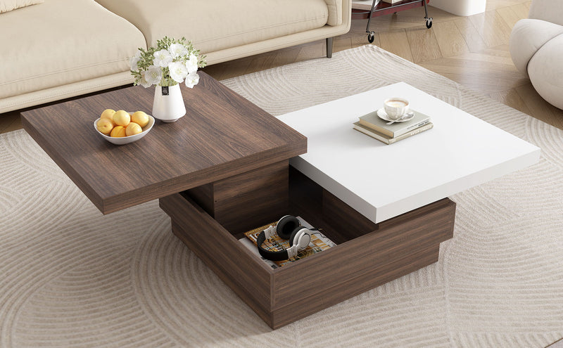 Rotatable Top Coffee Table, Modern Square Coffee Table With Wood Grain Design, 1 Hidden Storage Space For Living Room