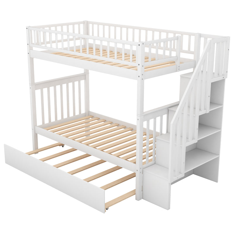 Twin over Twin Bunk Bed with Trundle and Storage, White