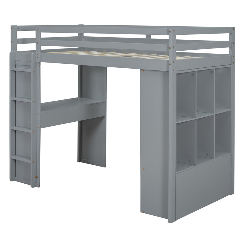 Twin Size Loft Bed with large shelves, writing desk and LED Light, Gray