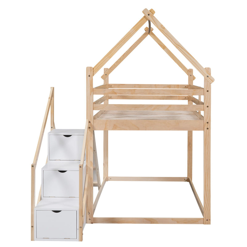 Twin Over Twin House Loft Or Bunk Bed With Slide And Staircase