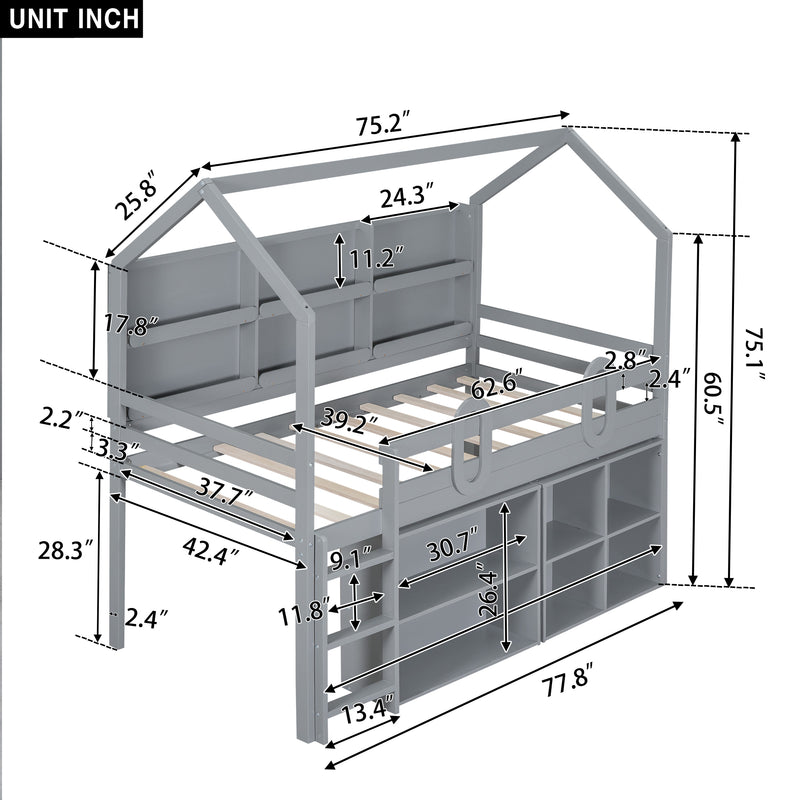 Twin Size House Loft Bed with Multiple Storage Shelves, Grey