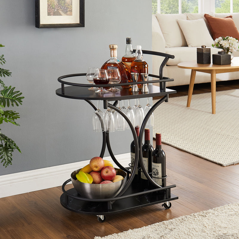 2 Tier Bar Cart, Slide Bar Serving Cart, Retro Style Wine Cart For Kitchen, Beverage Cart With Wine Rack And Glass Holder, Rolling Drink Trolley For Living Room, Dining Room - Black