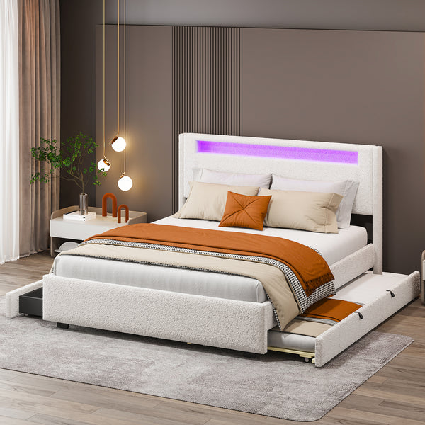 Queen Size Upholstered Platform Bed with LED Frame, with Twin  XL Size Trundle and 2 drawers, Teddy Fleece, White