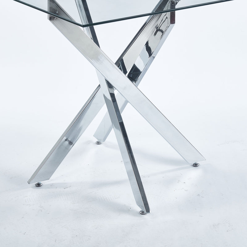 Dining Table With Cross Metal Leg And Tempered Glass, Modern Space Saving Kitchen Table For Living Room Legs, Square Table