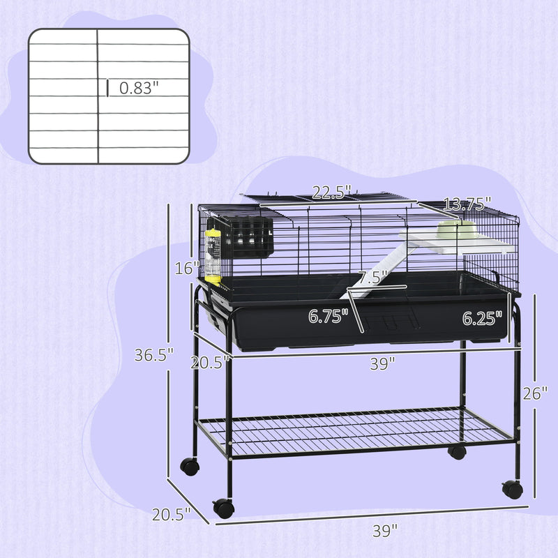 Pawhut - Two-Story Small Animal Cage Removable From Stand, Guinea Pig Cage, Hedgehog Cage, Chinchilla Cage, Ferret, With Shelf & Wheels, Pet Habitat - Black