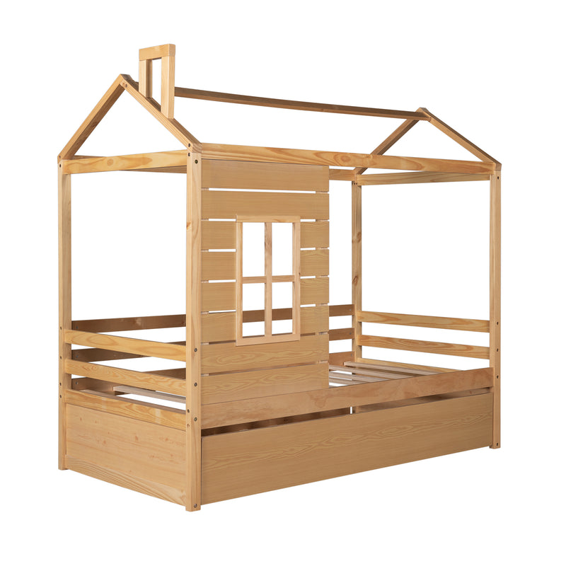 Twin Size House Bed Wood Bed with Twin Size Trundle ( Natural )