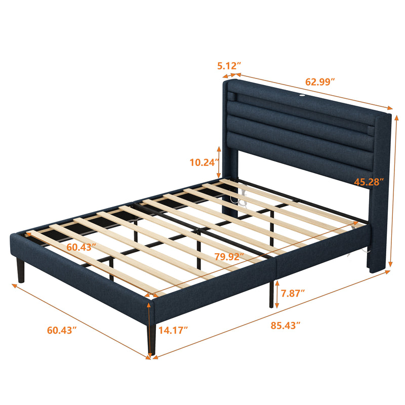 Queen Size Bedframe with LED Bedside Induction Light, Wrapped in Linen, Bedside Atmosphere Light, Anti Slip and Noise Free, Easy to Assemble, Dark Blue