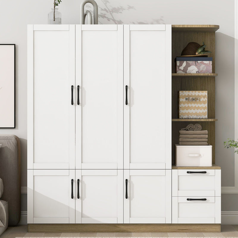 3 Door Storage Wardrobe For Dedroom With Shelves And 2 Drawers, Side Storage Shelves